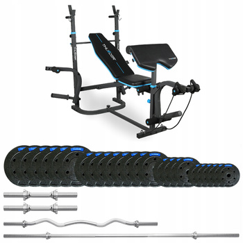 Kulturistický set 117,5 kg s lavicí VIGOR-B značky THUNDER a lehce zakřivenou EZ osou