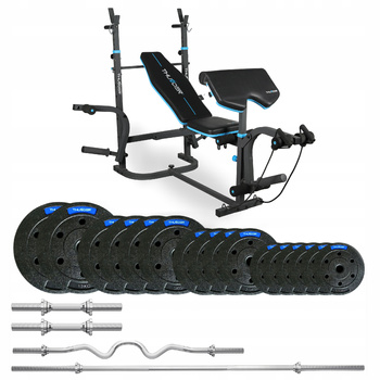 Kulturistický set 57,5 kg s lavicí VIGOR-B značky THUNDER a silně zakřivenou EZ osou