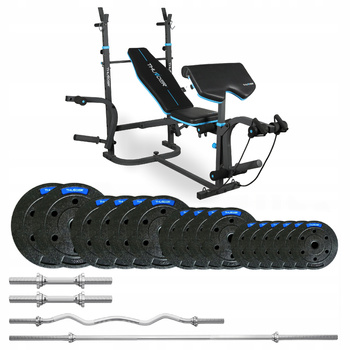 Kulturistický set 57,5 kg s lavicí VIGOR-B značky THUNDER a lehce zakřivenou EZ osou